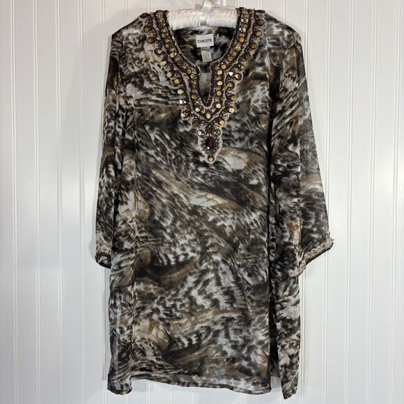 Chico's Tops - Chicos Womens Beaded Tunic Size 3 Sheer Maximalist Mob Wife Glam Boho Ethnic